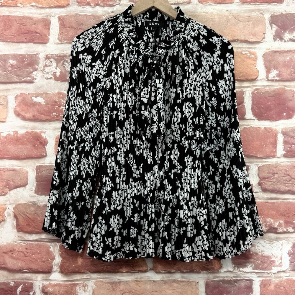 DKNY Top Women's M Black White Floral Plisse Tie Neck Career Work Office Shirt